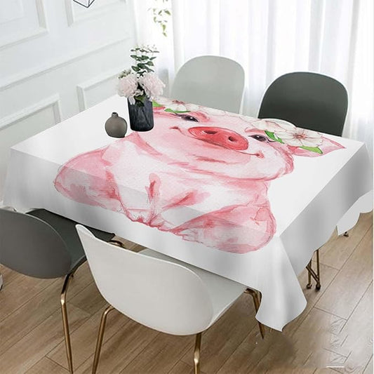 TKS MITLAN Pink Pig Funny Tablecloth 60x84 Inch Rectangular Cute Animal Wearing Wreath Oblong Table Cloth Kitchen Table Decorations for Home Dinner Party