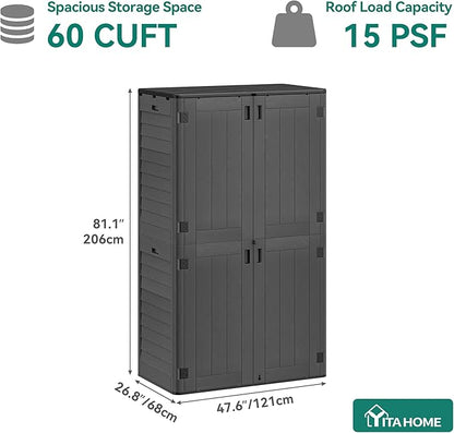 YITAHOME 60 cu ft Tall Outdoor Storage Shed w/o Shelf, Resin Vertical Outdoor Storage Shed, Large Waterproof Storage Cabinet for Garage, Poolside, and Garden (Dark Gray + Black)