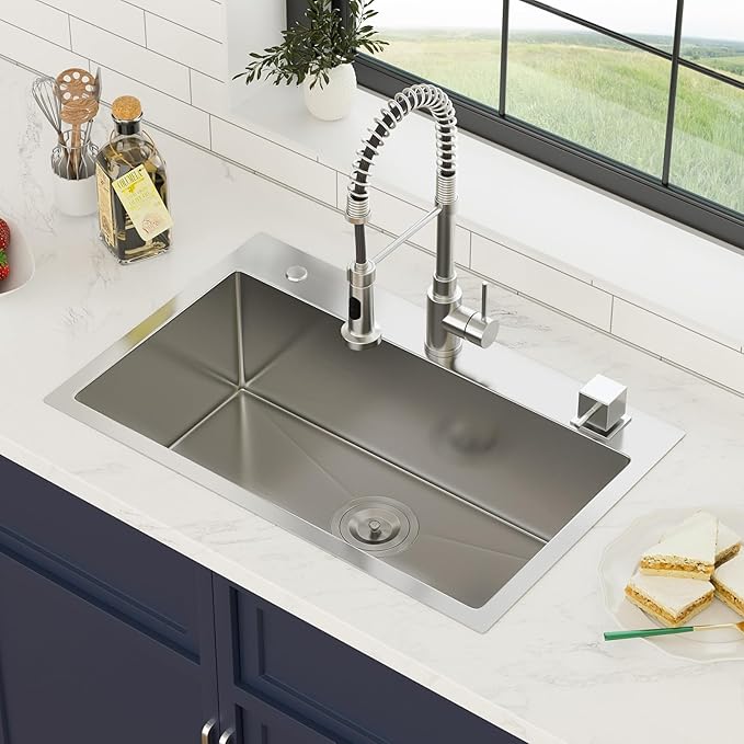28 Inch Drop In Kitchen Sink 28 x 18 Kitchen Sink 18 Gauge Stainless Steel Single Bowl Topmount Handmade Sink, 28x18x9