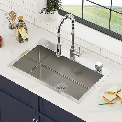 28 Inch Drop In Kitchen Sink 28 x 18 Kitchen Sink 18 Gauge Stainless Steel Single Bowl Topmount Handmade Sink, 28x18x9