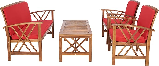 SAFAVIEH Outdoor - Fontana 4-Piece Conversation Set - Brown & Red - Solid Wood - Double-X Motif with Cushions - Ideal for Patio, Deck, Porch, Backyard (PAT7008R)