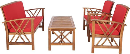 SAFAVIEH Outdoor - Fontana 4-Piece Conversation Set - Brown & Red - Solid Wood - Double-X Motif with Cushions - Ideal for Patio, Deck, Porch, Backyard (PAT7008R)