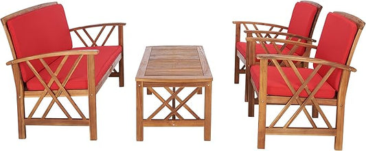 SAFAVIEH Outdoor - Fontana 4-Piece Conversation Set - Brown & Red - Solid Wood - Double-X Motif with Cushions - Ideal for Patio, Deck, Porch, Backyard (PAT7008R)