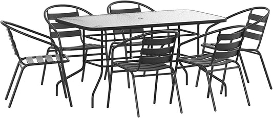 Flash Furniture Lila 7-Piece Glass Patio Table and Chairs Set, Outdoor Patio Dining Set with Rectangular Table and 6 Slat Back Patio Chairs, Black