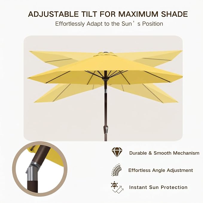 Kingdura 10FT Outdoor Patio Umbrella, Round Market Table Umbrella with Push‑Button Tilt and Crank Lift, 8 Sturdy Metal Ribs, UV50+ Protection Canopy for Backyard, Lawn, Deck, Poolside, Garden (Yellow)