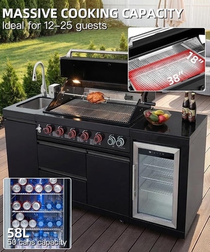 BBQ Outdoor Kitchen Island Grill Barbecue Modular Patio Kitchens Kits with Electric Rotisserie, Sink, fridge, and Burner for More than 10 People