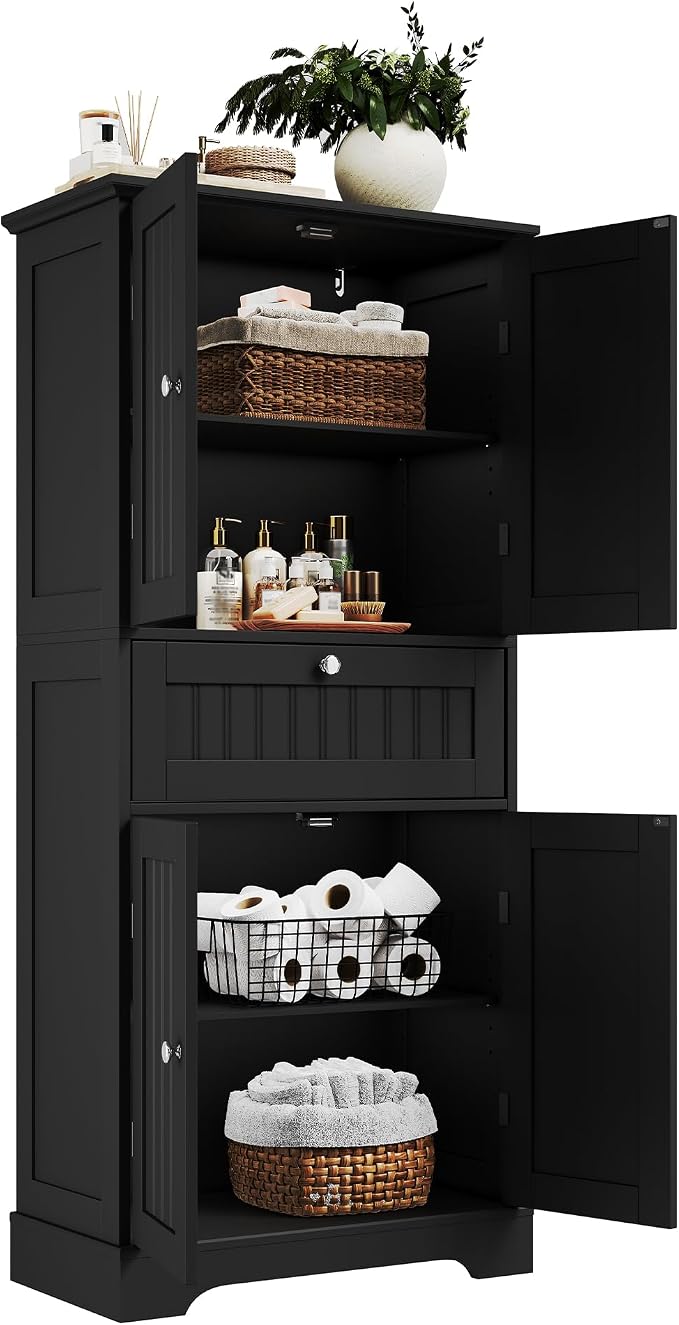ChooChoo 51" H Bathroom Floor Cabinet with Drawers and Adjustable Shelves | Bathroom Storage Cabinet, Freestanding Kitchen Pantry Cupboard with 4 Doors for Living Room, Black