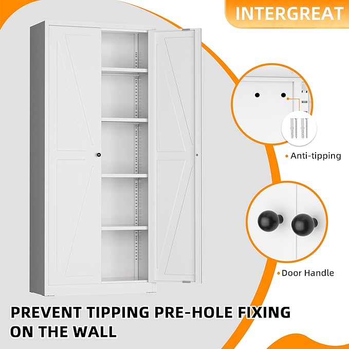 INTERGRAET 63" H Pantry Cabinet, Kitchen Pantry Storage Cabinet with 2 Doors and 4 Adjustable Shelves, White Metal Storage Cupboard for Home, Kitchen, Living Room