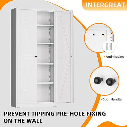 INTERGRAET 63" H Pantry Cabinet, Kitchen Pantry Storage Cabinet with 2 Doors and 4 Adjustable Shelves, White Metal Storage Cupboard for Home, Kitchen, Living Room