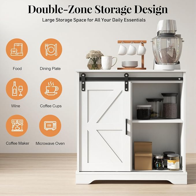 Panana Sliding Barn Door Buffet Sideboard Storage Cabinet Coffee Bar Kitchen Farmhouse Style (White)