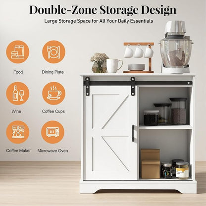 Panana Sliding Barn Door Buffet Sideboard Storage Cabinet Coffee Bar Kitchen Farmhouse Style (White)