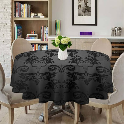 Gothic Black Damask Round Tablecloth, Vintage Floral Exotic Longhorn Skull Bull Bone Table Cloth Water Resistant Table Cover for Farmhouse Party Holiday Kitchen Dinner Table 50"
