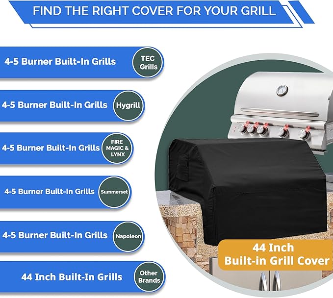 Covers & All Built-in Grill Cover for Outdoor Grill – Heavy Duty 12 oz Waterproof Built-in BBQ Grill Cover, PVC-Coated Polyester with Elastic Hem for Snug Fit (44 x 26 x 24 inches, Black)