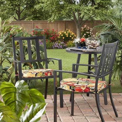 Set of 2 Outdoor 18 inch Round Patio Dining Chair Pads – Comfortable Fiber-Filled Seat Cushions with Ties, Reversible Polyester Fabric - Aloha Black Floral