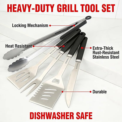 Heavy Duty BBQ Tools Grill Tools Set - Stainless Steel BBQ Grilling Tools Set with Serrated Spatula, Tongs, Knife, Spatula - Outdoor Barbecue Accessories Kit, Grilling Gifts for Men Dad