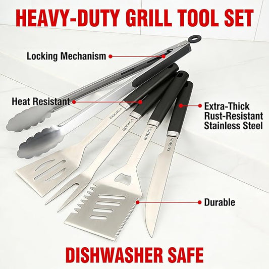 Heavy Duty BBQ Tools Grill Tools Set - Stainless Steel BBQ Grilling Tools Set with Serrated Spatula, Tongs, Knife, Spatula - Outdoor Barbecue Accessories Kit, Grilling Gifts for Men Dad