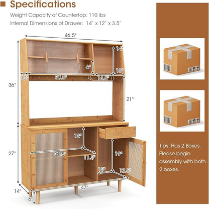 Giantex Pantry Cabinet, 69" Bamboo Hutch Cabinet with Storage, Drawer, Microwave Countertop, Glass Holder, Freestanding Buffet Sideboard with Rattan Door, Tall Cupboard for Kitchen Coffee Bar