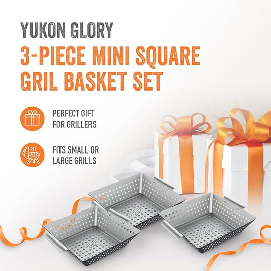 Yukon Glory™ Grilling Basket Set – 3-Piece 9x9x2 Stainless Steel Square Grill Baskets for Outdoor Grill – Perforated BBQ Grill Basket Perfect for Grilling Veggies, Seafood and Meats
