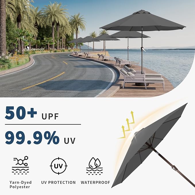 9FT Patio Umbrella with Fiberglass Ribs, Outdoor Market Table Umbrella with Crank and Tilt, UV Resistant Waterproof Canopy for Patio, Garden, Deck, Pool, Gray