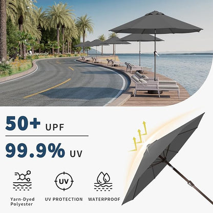 9FT Patio Umbrella with Fiberglass Ribs, Outdoor Market Table Umbrella with Crank and Tilt, UV Resistant Waterproof Canopy for Patio, Garden, Deck, Pool, Gray