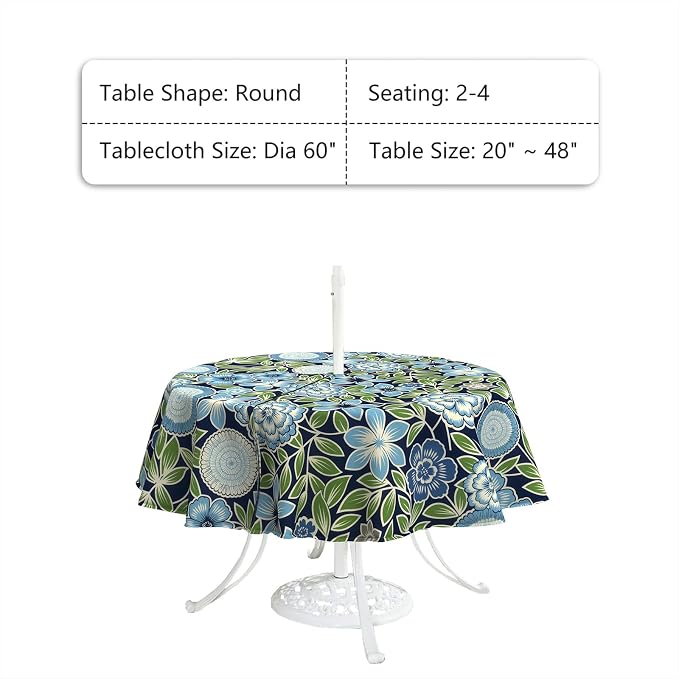 LVTXIII Round Outdoor Tablecloth with Umbrella Hole and Zipper, Water-Repellent 60 Inch Patio Table Cover for Bistro, Garden, Patio & Picnic, Botanical Blues
