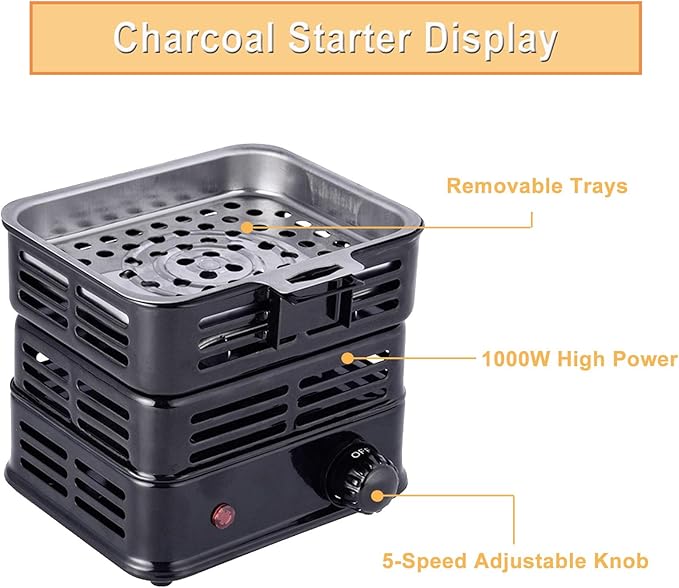 3D Multipurpose Turbo Coal Burner,Multipurpose Electric Charcoal Burner Coconut Charcoal Starter Heating Zones with Stainless Detachable Tongs, 1000W High Power Cube Coil Burner Fire Starter,Black