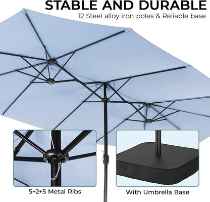 15ft Patio Umbrella with Base, 10-Year-No-Fade Large Outdoor Double-Sided Market Umbrella with UPF50+Terylene Polyester Fabric and Crank for Poolside Garden Deck Backyard Beach Pools