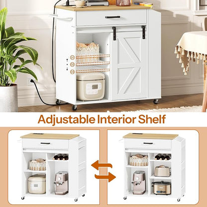 HOOBRO Kitchen Island on Wheels, Rolling Island Cart with Power Outlet, Kitchen Storage Table with Sliding Barn Doors, 1 Drawer and Spice Rack, for Home, Dining Room, White WN60UZD01