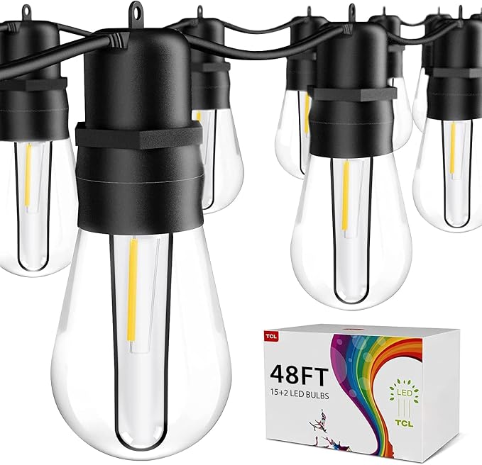 49FT LED Outdoor String Lights - Waterproof Patio & Backyard Cafe Lights with 15+2 Spare Bulbs