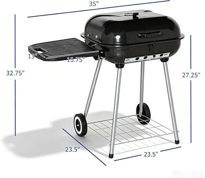 Portable Charcoal Grill with Foldable Side Shelf & Bottom Shelf, BBQ Smoker with Wheels and Adjustable Lid Vents for Picnic, Camping, Backyard Cooking (35" x 23.5"x 32.75")