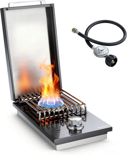 Built-in Single Side Grill Burner with Cover, Black 304 Stainless Steel Side Burner for Outdoor Kitchen, Propane & Natural Gas, Outdoor BBQ for Family Patio Parties