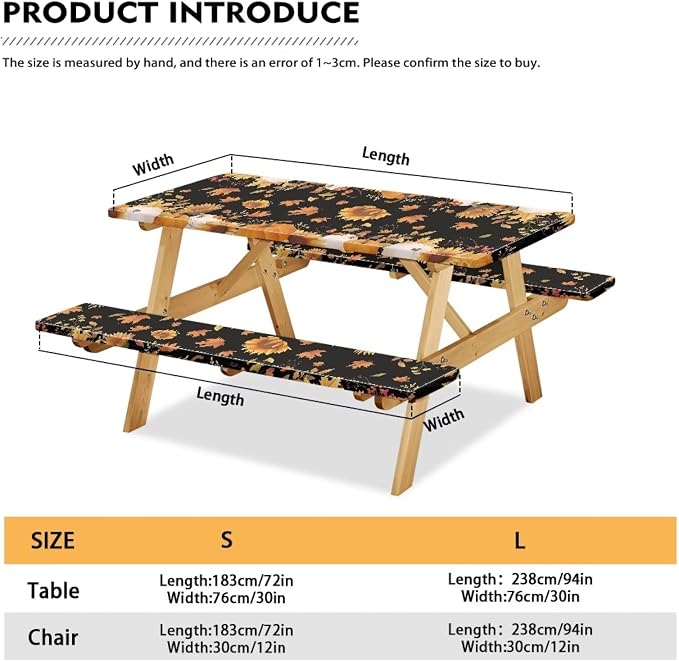 Thanksgiving Pumpkin Sunflower Outdoor Picnic Table Cover Thanksgiving 3 PCS Set Fitted Picnic Table Cover for Outdoor Camping