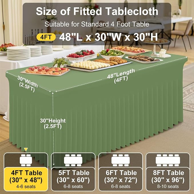 Smiry 2 Pack Spandex Elastic Fitted Table Cloth Skirt for 4FT Table | Stretch Washable Table Cloth, Banquet Table Cover for Wedding, Party, Indoor & Trade Shows, (Sage Green, 48Lx30Wx30H)
