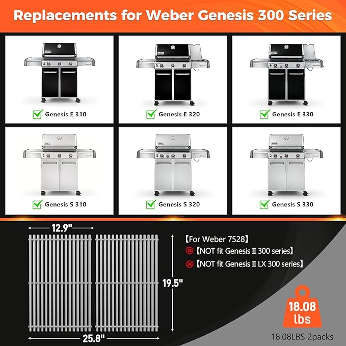9.5MM Thick 19.5" Grill Grates for Weber Genesis 300 Series(2007–2016), 304 Stainless Steel Weber Genesis Grill Parts, Replacement for Weber Genesis E310 S310 E320 S320 E330 S330, Weber 7524 & 7528