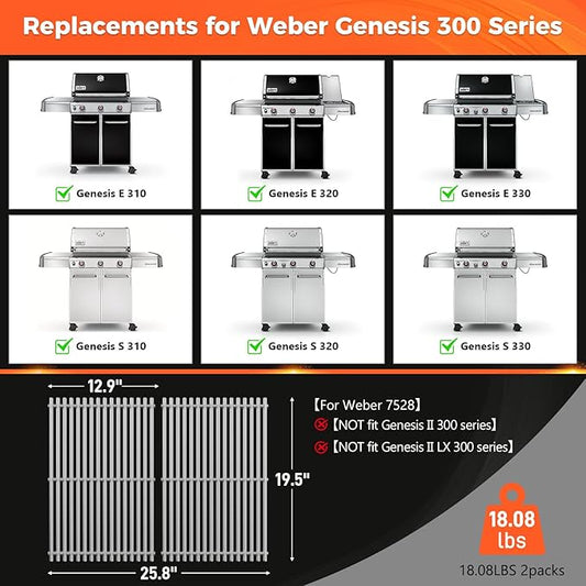 9.5MM Thick 19.5" Grill Grates for Weber Genesis 300 Series(2007–2016), 304 Stainless Steel Weber Genesis Grill Parts, Replacement for Weber Genesis E310 S310 E320 S320 E330 S330, Weber 7524 & 7528