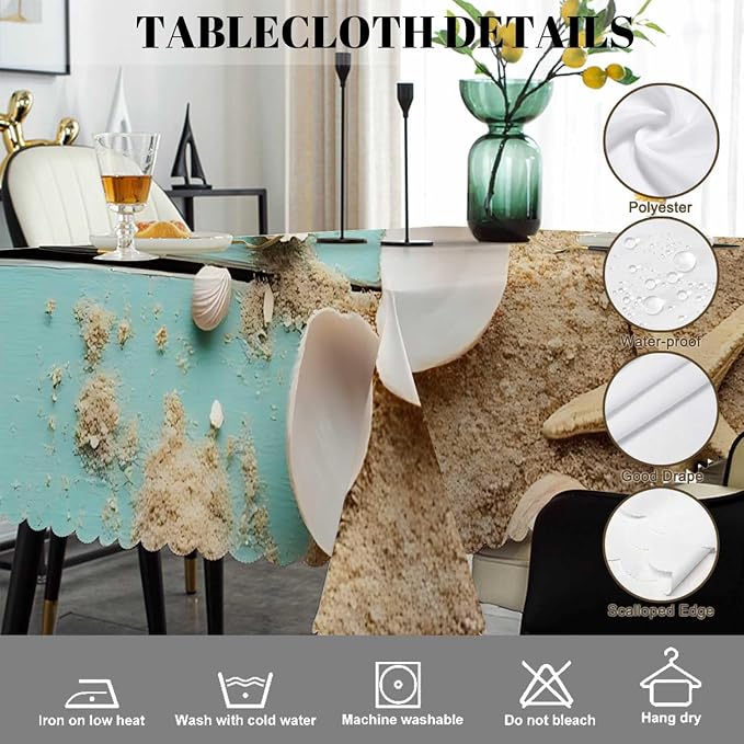 Swono Seashells Tablecloth Ocean Sand Starfish Seashells On Wooden Decorative Table Cover for Kitchen, Dinner Room, Party Banquet and Holiday Tablecloth, 52x70 Inch(4-6 Seats)