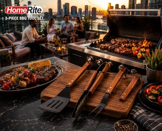 Premium 3-Piece BBQ Tool Set - Heavy Duty Stainless Steel Grilling Utensils with Spatula, Tongs, Fork - Professional Grill Accessories Kit for Outdoor Patio, Camping, and Barbecue Cooking