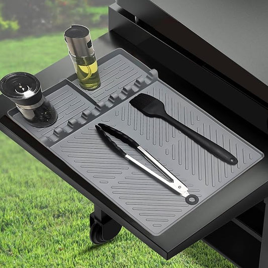 Silicone Griddle Tools Mat for Blackstone, Spatula Rest with Drip Pad, Grill Side Shelf Mat for Blackstone, Silicone Utensil Rest/Holder for BBQ Tools (Gray 1 Pack)