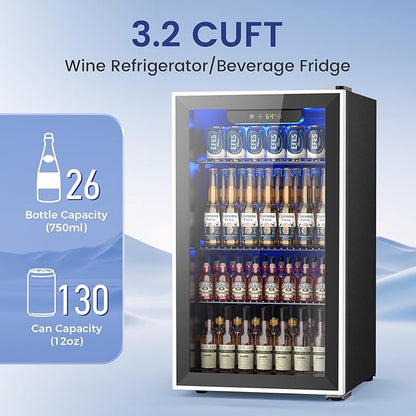 Electactic 26 Bottle Wine Cooler 130 Can Beverage Refrigerator, Small Freestanding Cabinet Wine Cellar with 40℉-61℉ Temperature Control Glass Door, Black