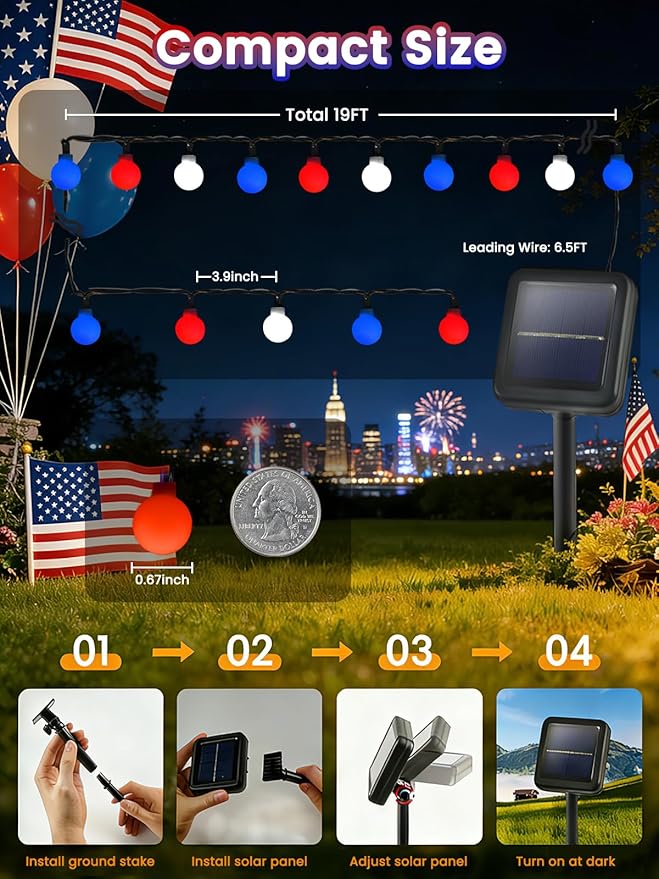 2-Pack 80 LED Red White and Blue Solar String Lights Outdoor - Waterproof 39FT Globe LED Solar Patriotic American Flag Lights with 8 Modes, 4th of July Decorations for Independence Day Memorial Day