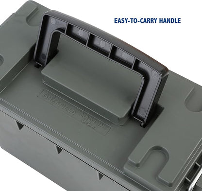 Sheffield 12626 Ammo Storage Box, Stackable .30 Cal Field Boxes, Water and Dust Resistant, Lockable Storage Box with Handle, Secures Hunting Gear, Supplies, and Bullets, Made in USA, Green(Pack of 6)