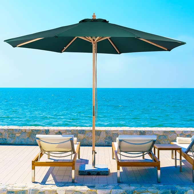 9ft Wooden Umbrella, Outdoor Patio Umbrella, Wood Market Umbrella, Patio Umbrella Wood Pole with Pulley Lift for Garden, Yard, Deck, Pool, Market