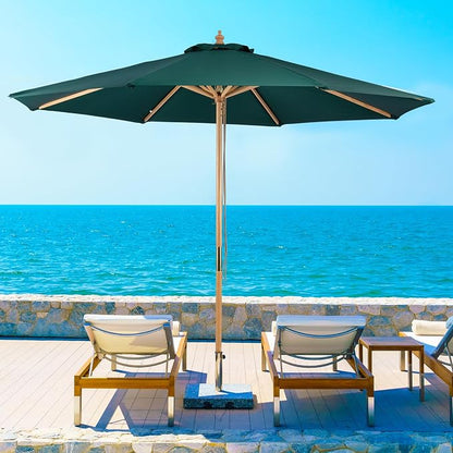 9ft Wooden Umbrella, Outdoor Patio Umbrella, Wood Market Umbrella, Patio Umbrella Wood Pole with Pulley Lift for Garden, Yard, Deck, Pool, Market