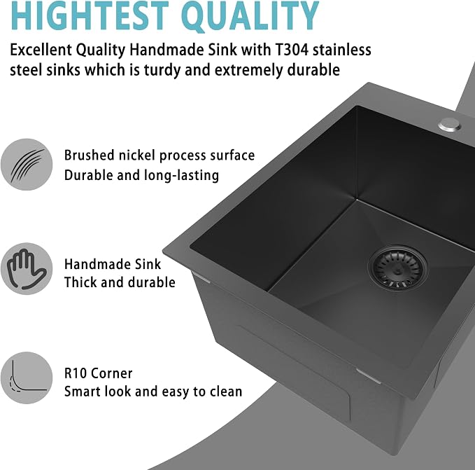 15 x 20 Inch Drop In Bar Sink Black, 18 Gauge Gunmetal Black Stainless Steel Single Bowl Topmount Wet Bar & RV Sink with Bottom Grid & Basket Strainer