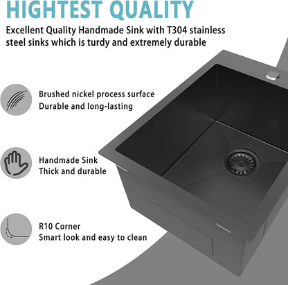 15 x 20 Inch Drop In Bar Sink Black, 18 Gauge Gunmetal Black Stainless Steel Single Bowl Topmount Wet Bar & RV Sink with Bottom Grid & Basket Strainer