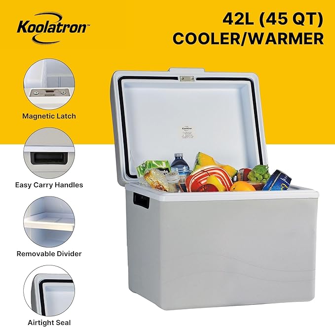 Koolatron 12V Iceless Cooler & Warmer – Portable 45 Qt Electric Cooler for Car, Truck, Camper, Boat, Hard Sided Mini Fridge for Camping, Picnic, Travel, Lunch, Food, Drinks, Bedroom, Office, Dorm