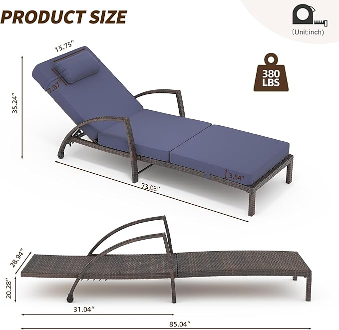 Set of 2 Chaise Lounge Chairs Outdoor, PE Rattan Wicker Poolside Recliners with 5-Position Adjustable Backrest, Blue Cushions, Armrests and Wheels, Patio and Garden Furniture for Beach and Backyard