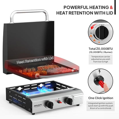 ROVSUN 2 Burner Portable Propane Griddle with Electronic Ignition, 20000 BTU Rolling Flat Top Gas Grill with Enameled Tray & Lid, Side Shelves & Regulator for Outdoor Cooking Camping BBQ Tailgating