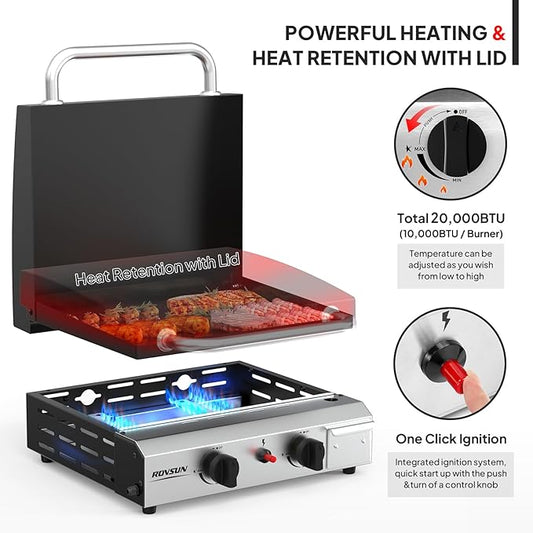 ROVSUN 2 Burner Portable Propane Griddle with Electronic Ignition, 20000 BTU Rolling Flat Top Gas Grill with Enameled Tray & Lid, Side Shelves & Regulator for Outdoor Cooking Camping BBQ Tailgating