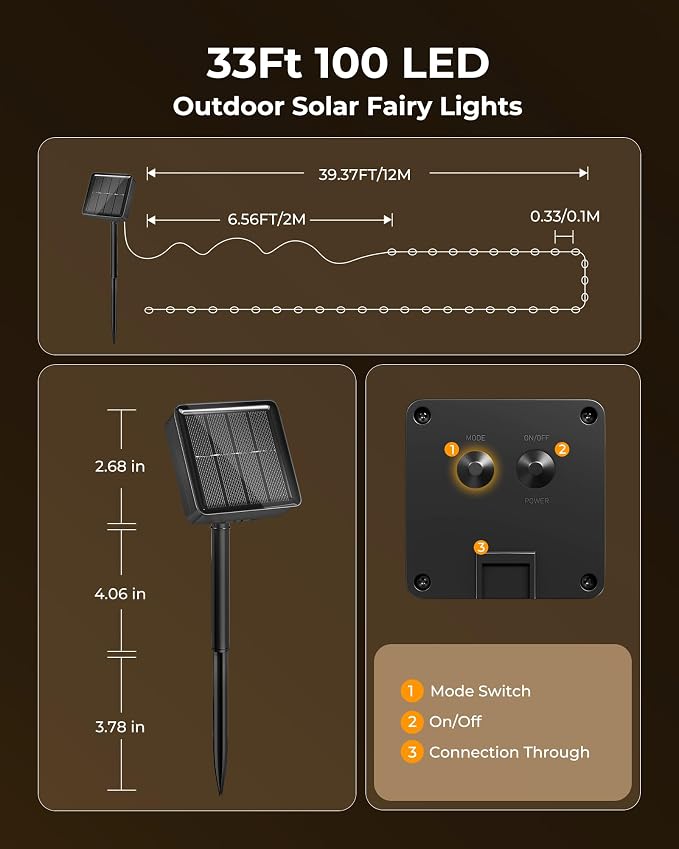 Minetom Solar Fairy Lights,33Ft 100 LED String Lights Outdoor with 8 Modes | IP65 Waterproof Twinkle Lights Outdoor & Indoor, Patio Lights for Tree Garden Christmas Party Wedding Decor Warm White